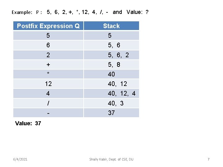 Example: P : 5, 6, 2, +, *, 12, 4, /, - and Value: