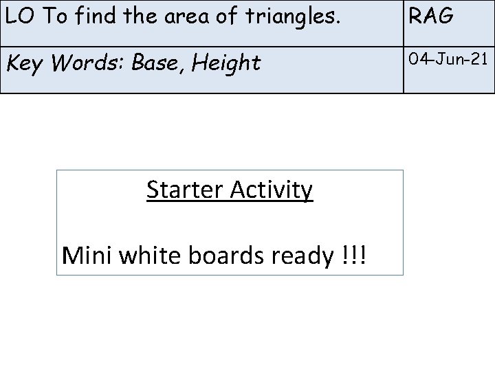 LO To find the area of triangles. RAG Key Words: Base, Height 04 -Jun-21