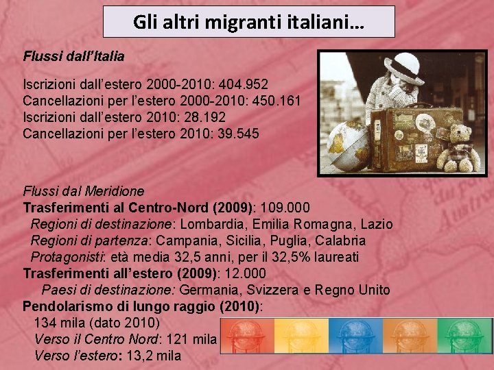 Gli altri migranti italiani… Flussi dall’Italia Iscrizioni dall’estero 2000 -2010: 404. 952 Cancellazioni per