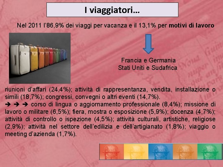 I viaggiatori… Nel 2011 l’ 86, 9% dei viaggi per vacanza e il 13,