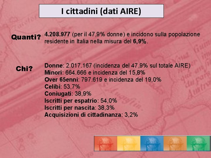 I cittadini (dati AIRE) Quanti? 4. 208. 977 (per il 47, 9% donne) e