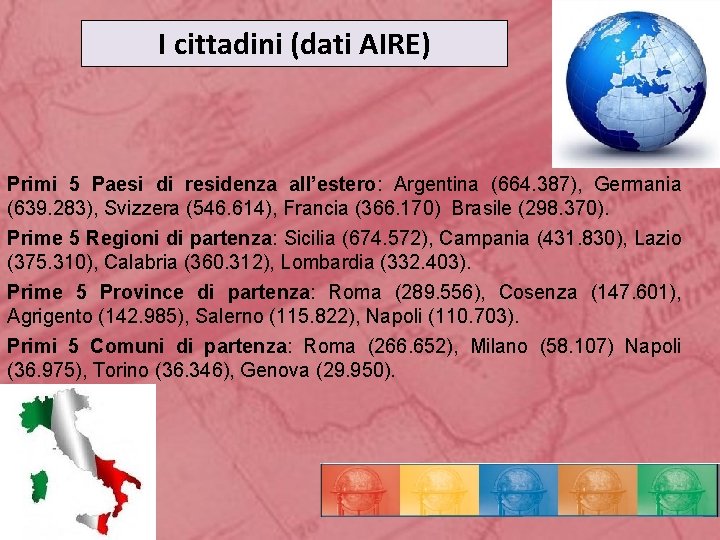 I cittadini (dati AIRE) Primi 5 Paesi di residenza all’estero: Argentina (664. 387), Germania