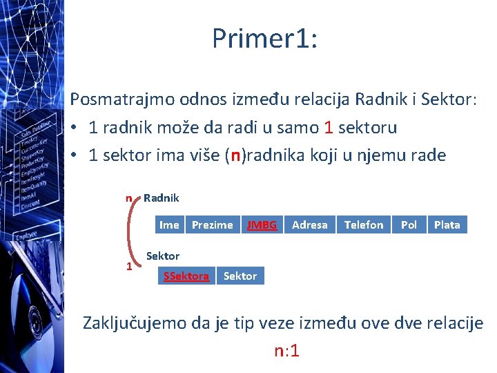 Primer 1: Posmatrajmo odnos između relacija Radnik i Sektor: • 1 radnik može da