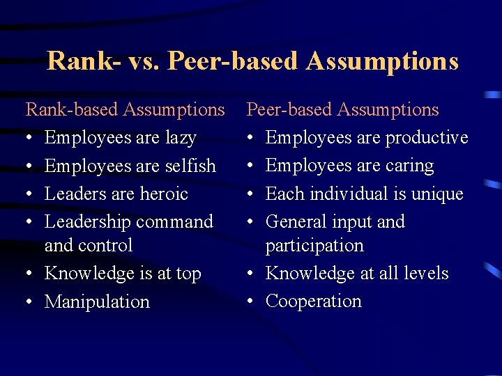 Rank- vs. Peer-based Assumptions Rank-based Assumptions • Employees are lazy • Employees are selfish