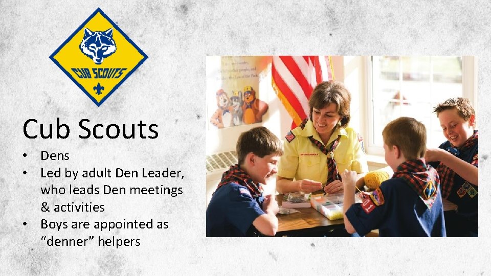 Cub Scouts • Dens • Led by adult Den Leader, who leads Den meetings