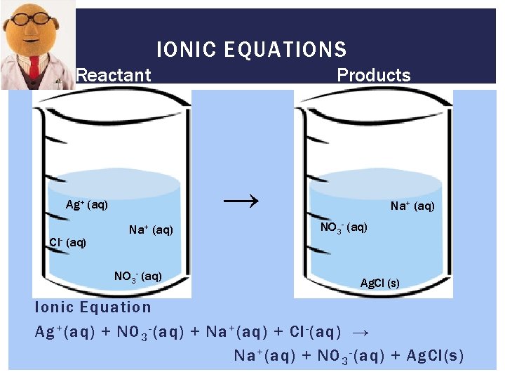 IONIC EQUATIONS Reactant s → Ag+ (aq) Cl- (aq) Products Na+ (aq) NO 3