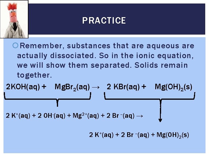 PRACTICE Remember, substances that are aqueous are actually dissociated. So in the ionic equation,