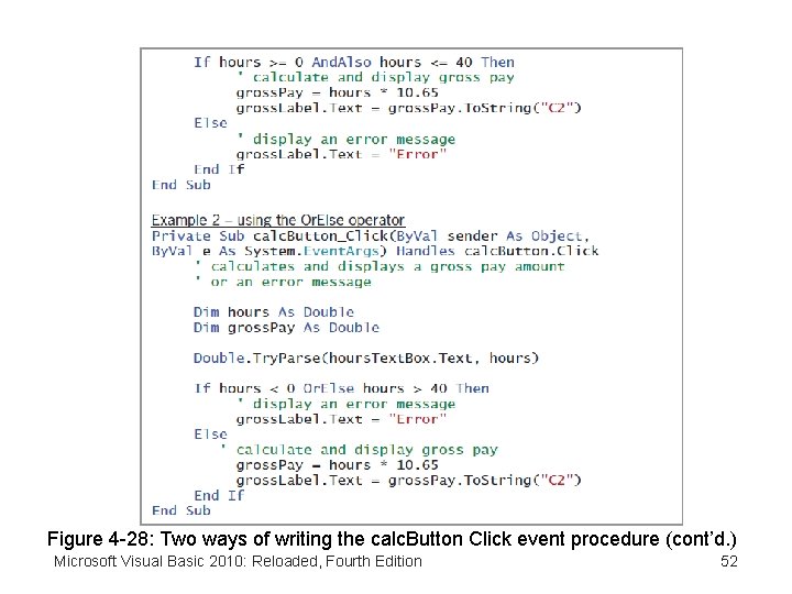 Figure 4 -28: Two ways of writing the calc. Button Click event procedure (cont’d.