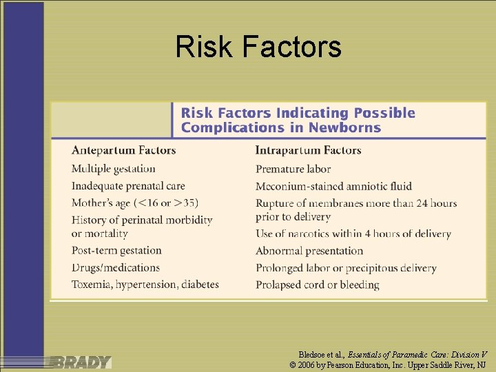Risk Factors Bledsoe et al. , Essentials of Paramedic Care: Division V © 2006