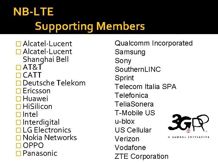 NB-LTE Supporting Members � Alcatel-Lucent Shanghai Bell � AT&T � CATT � Deutsche Telekom