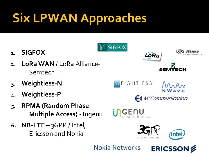 Six LPWAN Approaches 1. SIGFOX 2. Lo. Ra WAN / Lo. Ra Alliance. Semtech