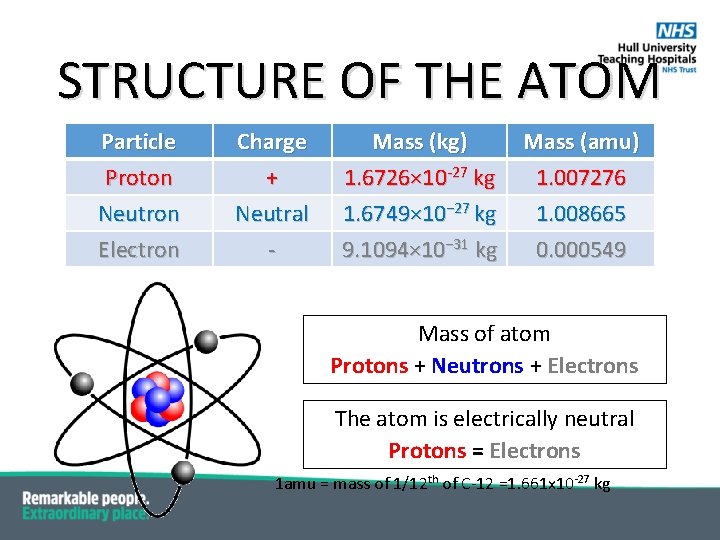 STRUCTURE OF THE ATOM Particle Proton Neutron Electron Charge + Neutral - Mass (kg)