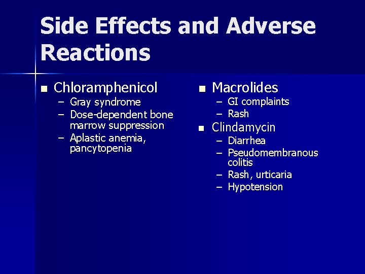 Side Effects and Adverse Reactions n Chloramphenicol – Gray syndrome – Dose-dependent bone marrow