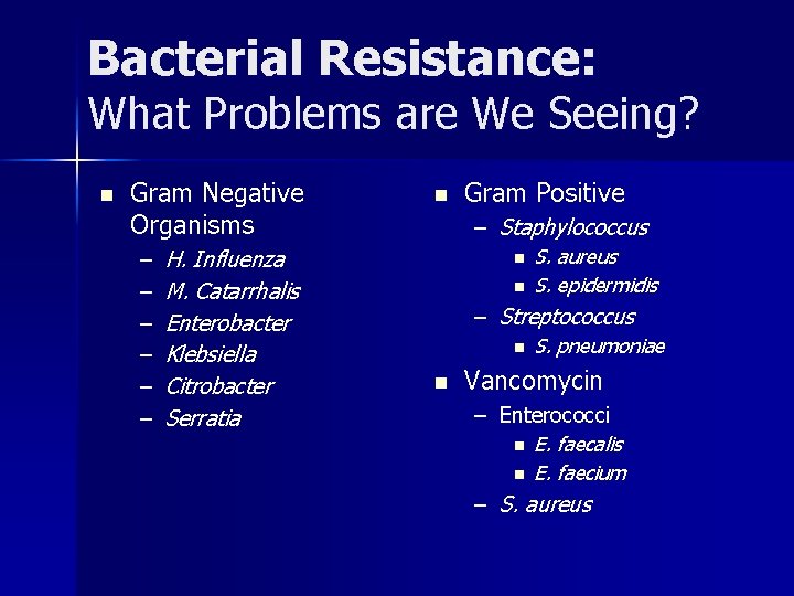 Bacterial Resistance: What Problems are We Seeing? n Gram Negative Organisms – – –