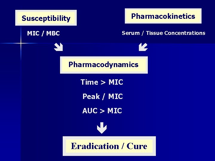 Pharmacokinetics Susceptibility MIC / MBC Serum / Tissue Concentrations Pharmacodynamics Time > MIC Peak