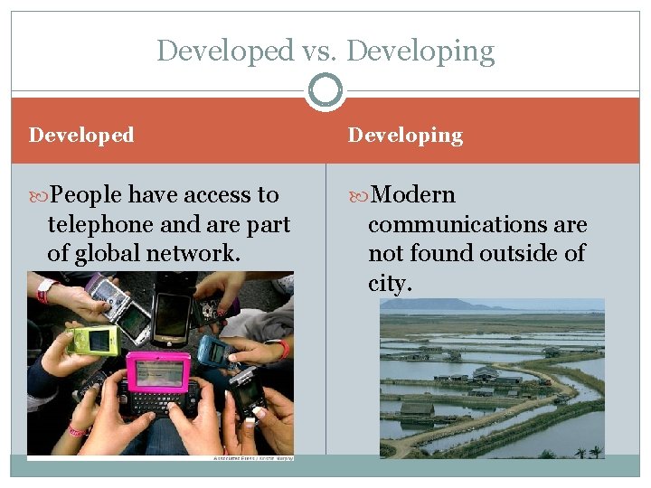 Developed vs. Developing Developed Developing People have access to Modern telephone and are part
