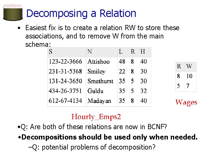 Decomposing a Relation • Easiest fix is to create a relation RW to store
