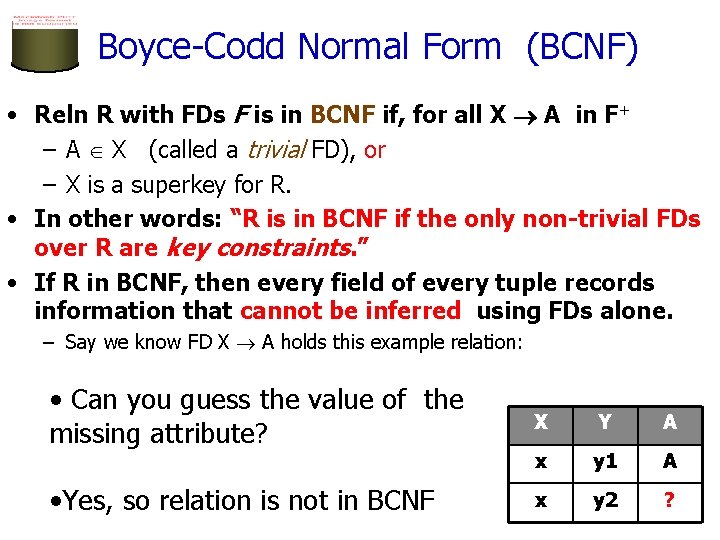Boyce-Codd Normal Form (BCNF) • Reln R with FDs F is in BCNF if,