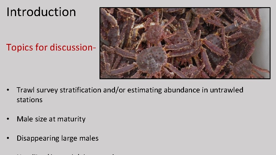 Introduction Topics for discussion- • Trawl survey stratification and/or estimating abundance in untrawled stations