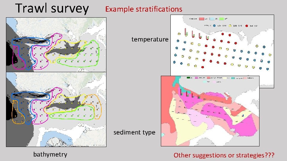 Trawl survey Example stratifications temperature sediment type bathymetry Other suggestions or strategies? ? ?