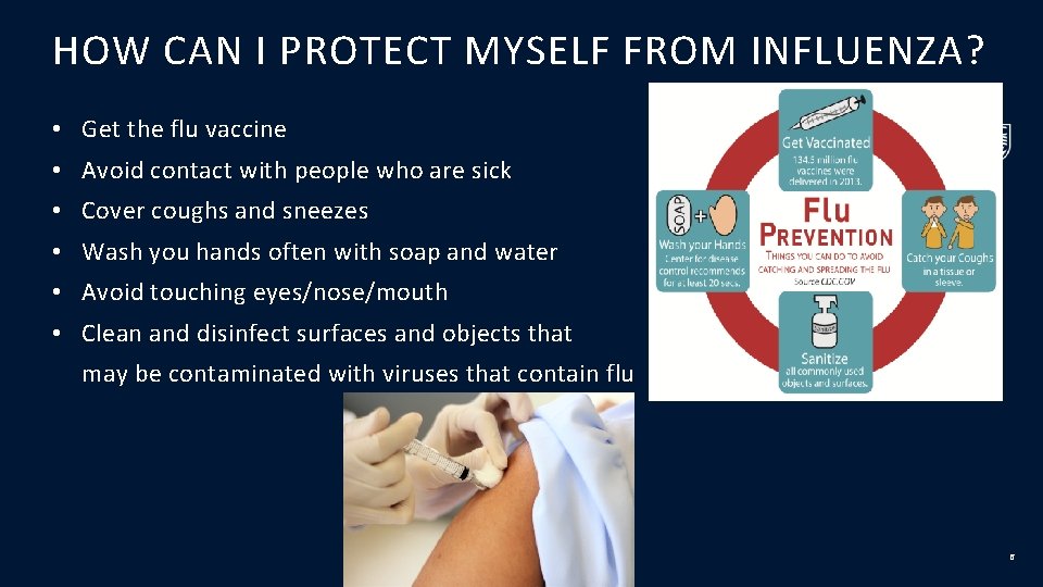 HOW CAN I PROTECT MYSELF FROM INFLUENZA? • Get the flu vaccine • Avoid