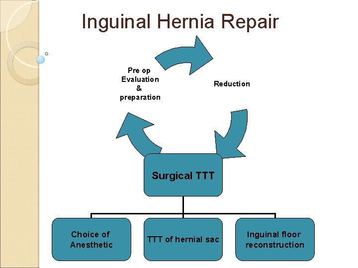 Inguinal Hernia Repair Pre op Evaluation & preparation Reduction Surgical TTT Choice of Anesthetic