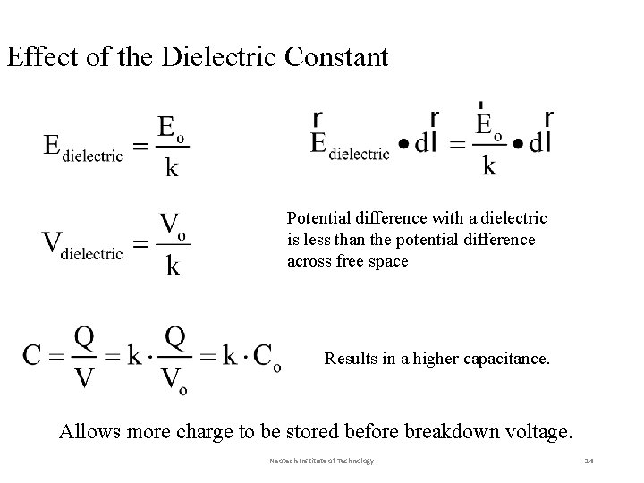 Effect of the Dielectric Constant Potential difference with a dielectric is less than the