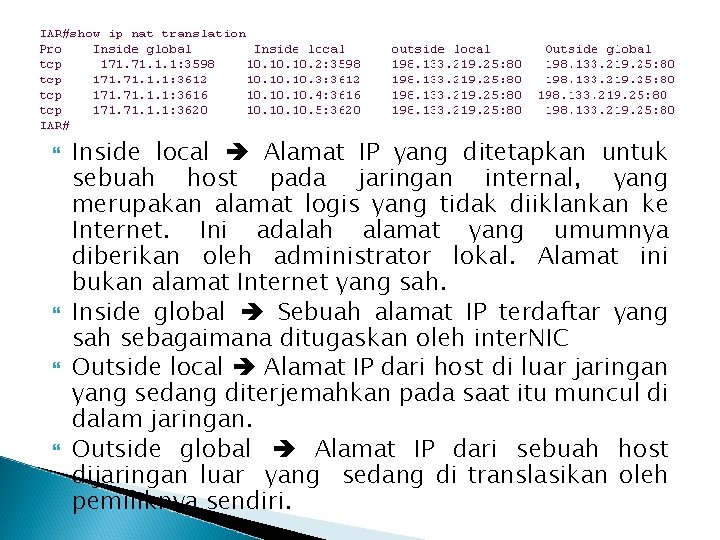  Inside local Alamat IP yang ditetapkan untuk sebuah host pada jaringan internal, yang