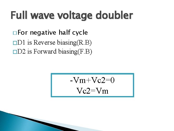 Full wave voltage doubler � For negative half cycle � D 1 is Reverse