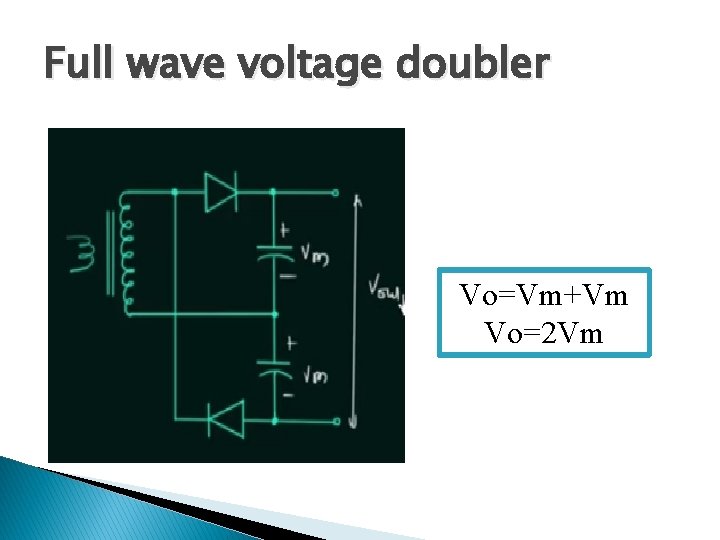 Full wave voltage doubler Vo=Vm+Vm Vo=2 Vm 