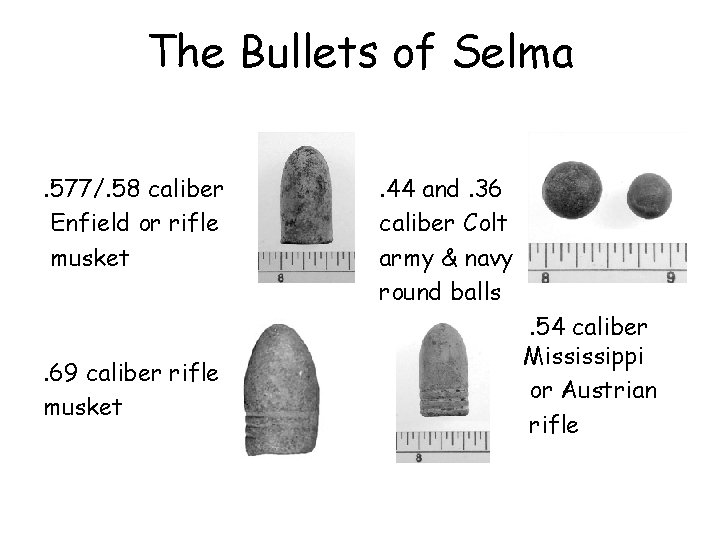 The Bullets of Selma. 577/. 58 caliber Enfield or rifle musket . 69 caliber