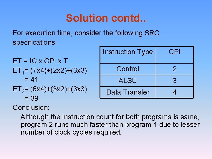 Solution contd. . For execution time, consider the following SRC specifications. Instruction Type CPI