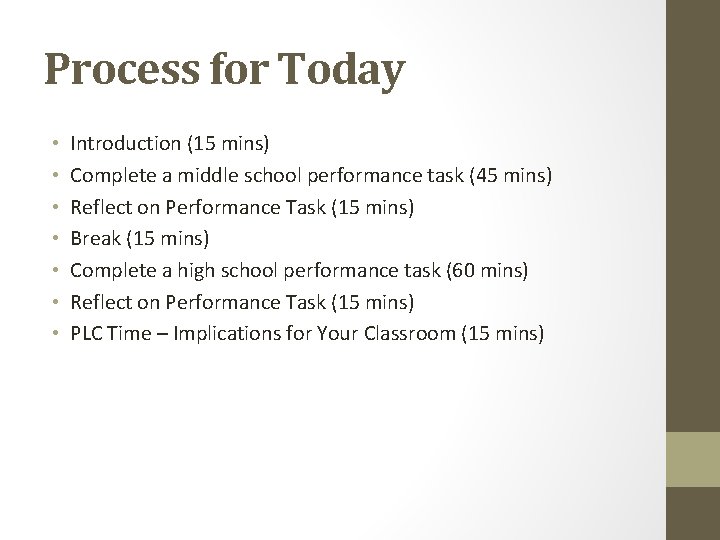 Process for Today • • Introduction (15 mins) Complete a middle school performance task