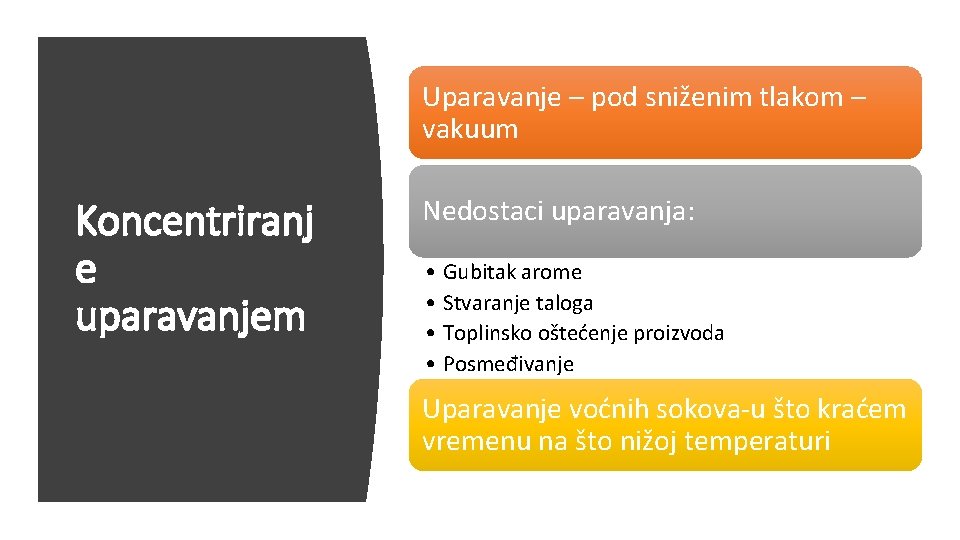 Uparavanje – pod sniženim tlakom – vakuum Koncentriranj e uparavanjem Nedostaci uparavanja: • Gubitak