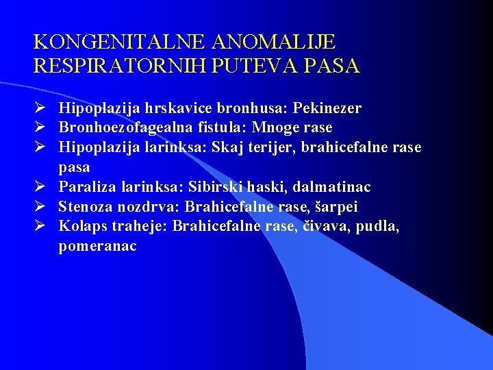 KONGENITALNE ANOMALIJE RESPIRATORNIH PUTEVA PASA Ø Hipoplazija hrskavice bronhusa: Pekinezer Ø Bronhoezofagealna fistula: Mnoge