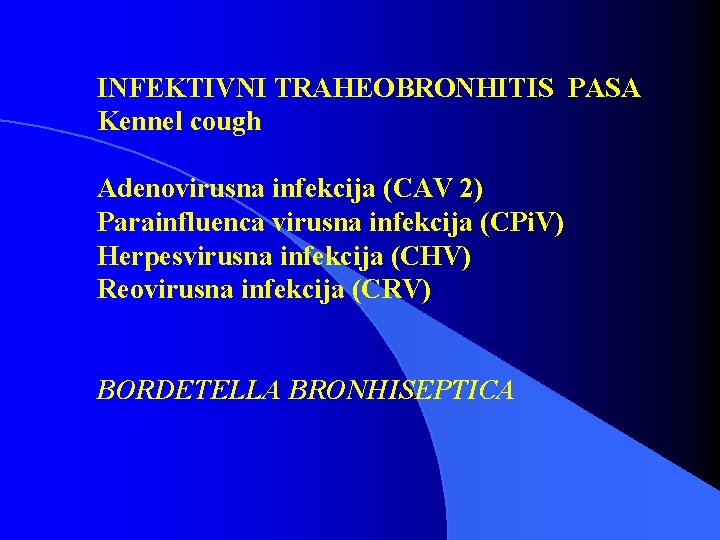 INFEKTIVNI TRAHEOBRONHITIS PASA Kennel cough Adenovirusna infekcija (CAV 2) Parainfluenca virusna infekcija (CPi. V)