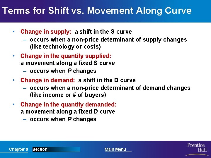 Terms for Shift vs. Movement Along Curve • Change in supply: a shift in