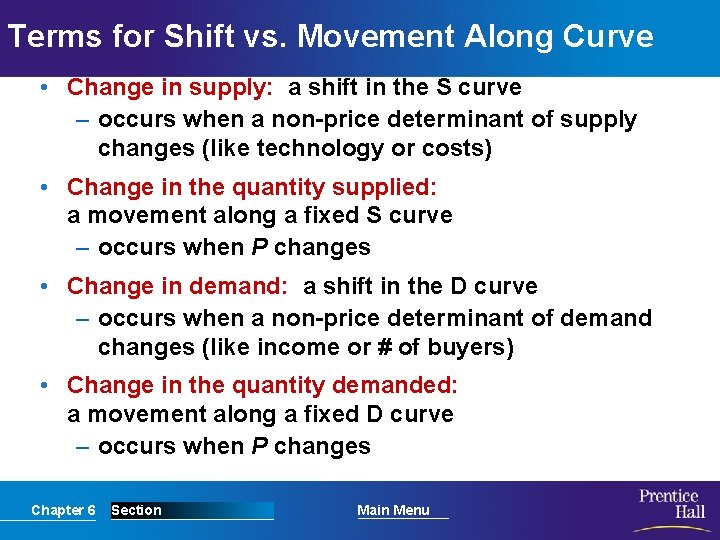 Terms for Shift vs. Movement Along Curve • Change in supply: a shift in