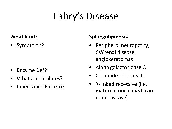 Fabry’s Disease What kind? Sphingolipidosis • Symptoms? • Peripheral neuropathy, CV/renal disease, angiokeratomas •