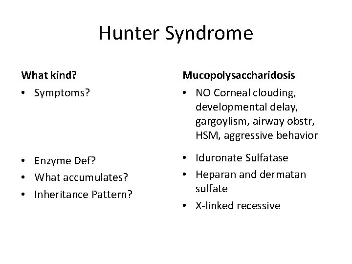 Hunter Syndrome What kind? Mucopolysaccharidosis • Symptoms? • NO Corneal clouding, developmental delay, gargoylism,