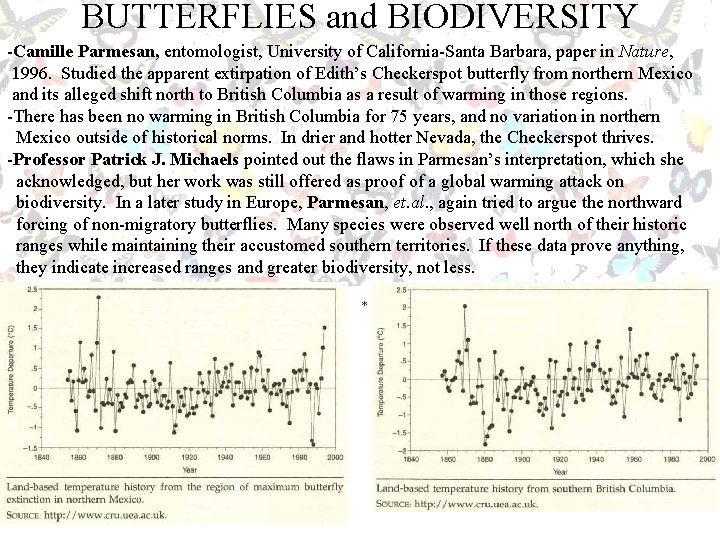 BUTTERFLIES and BIODIVERSITY -Camille Parmesan, entomologist, University of California-Santa Barbara, paper in Nature, 1996.