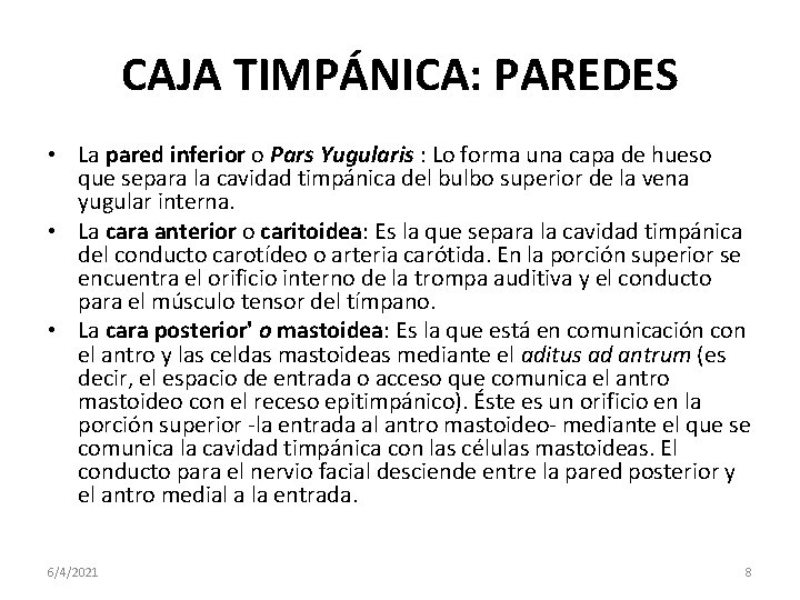 CAJA TIMPÁNICA: PAREDES • La pared inferior o Pars Yugularis : Lo forma una