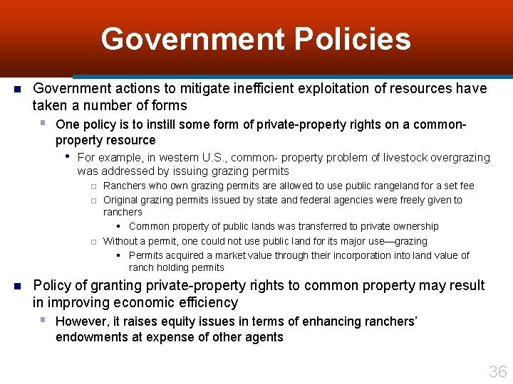 Government Policies n Government actions to mitigate inefficient exploitation of resources have taken a