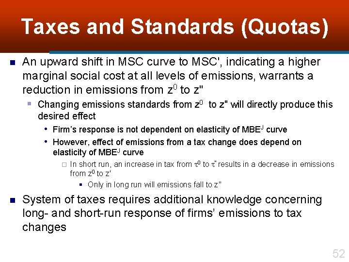Taxes and Standards (Quotas) n An upward shift in MSC curve to MSC', indicating