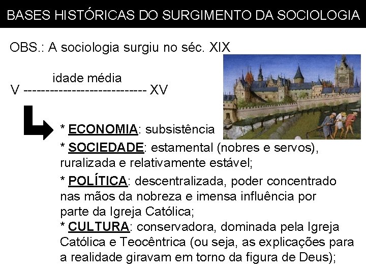 BASES HISTÓRICAS DO SURGIMENTO DA SOCIOLOGIA OBS. : A sociologia surgiu no séc. XIX