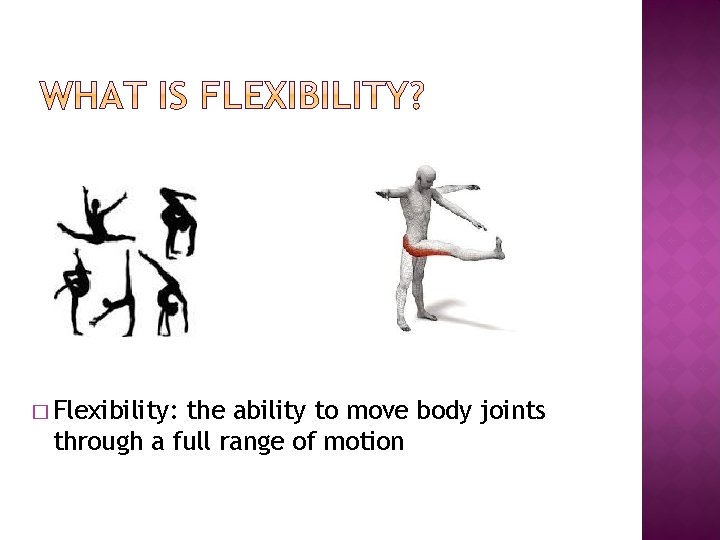 � Flexibility: the ability to move body joints through a full range of motion