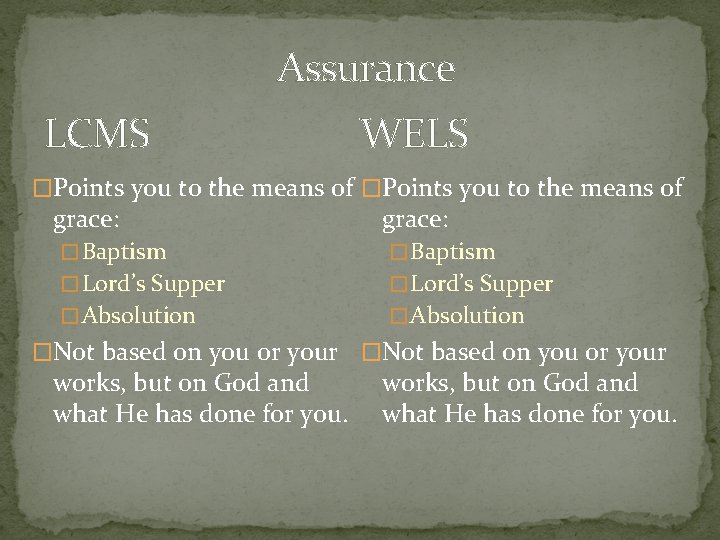 Assurance LCMS WELS �Points you to the means of grace: � Baptism � Lord’s