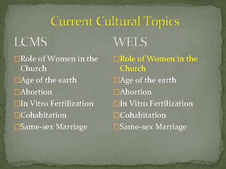 Current Cultural Topics LCMS WELS �Role of Women in the Church �Age of the