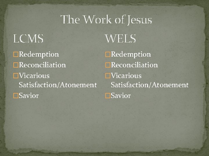 The Work of Jesus LCMS WELS �Redemption �Reconciliation �Vicarious Satisfaction/Atonement �Savior 