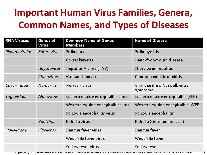 Important Human Virus Families, Genera, Common Names, and Types of Diseases RNA Viruses Common